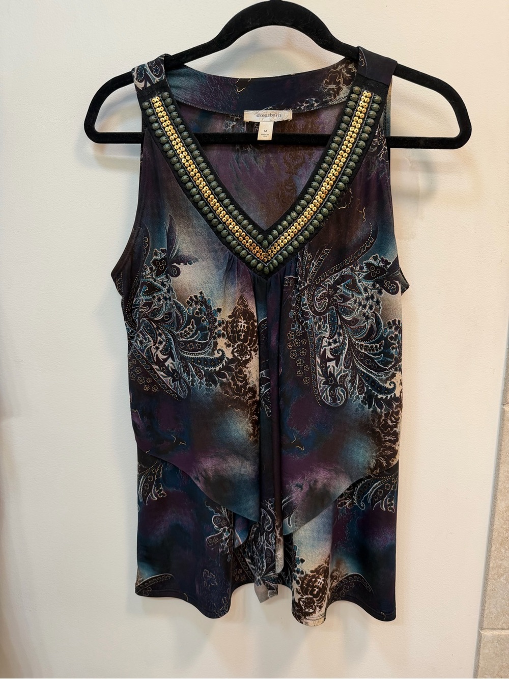 Dress Barn Beaded V-Neck Paisley Tank in Blue and Purple Tones